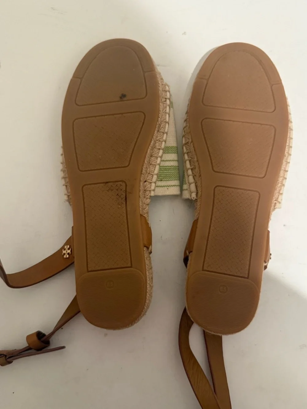 TORY BURCH Elastic Awning Stripe Espadrille Sandal Green Ivory Brown Size 6.5